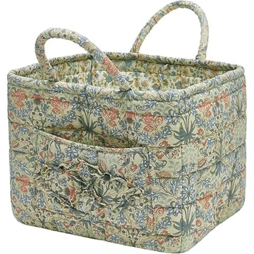 Quilted Fabric Storage Baskets with Handles, Boho Floral Gift Basket Foldable Organizer Bin for Home Decor, Picnic, Travel 12''x10''x10'' (Light Green)