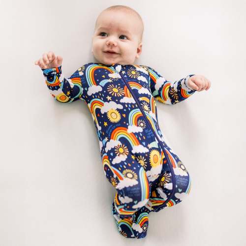 Here Comes the Sunshine (Blue) | Bamboo Footie Onesie Sleeper | "Mama, I Wished for You" | Thermo-Regulating, Double Zipper, 4-Way Stretch | Raising Mama