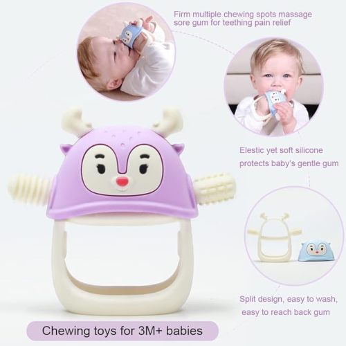 Smily Mia Never Drop Reindeer Silicone Baby Chewing Toy for 3M+ Infants, Easy to Hold Teething Miteen with Soft Textures for Sensory Exploration and Teething Pain Relief-Purple - purple