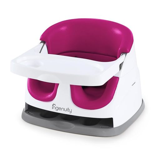 Ingenuity Baby Base 2-in-1 Booster Feeding and Floor Seat with Self-Storing Tray - Pink Flambe - Pink Flambre