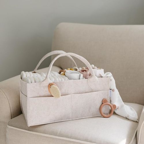 PUTSKA Baby Diaper Caddy Organizer Nursery Basket - Baby Basket Gift Registry For Baby Shower List. Baby Must Haves Essentials. Neutral Baby Stuff For Newborn Boy Nursery Decor Or Girl(Mocha 15x9x7)