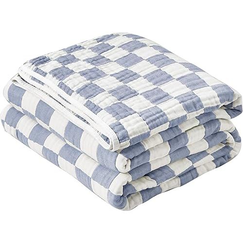 SANACYNA 100% Cotton Muslin Blanket 6-Layer Gauze Blue Checkerboard Blanket Lightweight Soft and Breathable Swaddle Blanket for Crib Couch Bed Keep Warm (Blue Checker, Baby 30"x40")