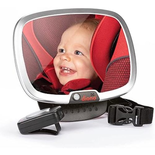 Diono Easy View Plus Baby Car Mirror with Light, Safety Car Seat Mirror for Rear Facing Infant with 360 Rotation, LED Night Light, Wide Crystal Clear View, Shatterproof, Crash Tested