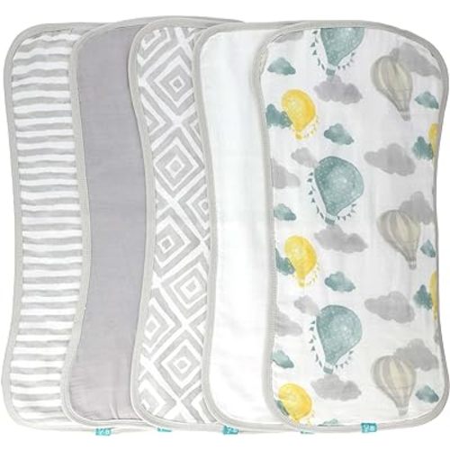 Featherhead™ 5-Pack Muslin Burp Cloths for Baby Boy & Girl - Neutral Large 22" X 11" - Ultra Soft & Extra Absorbent Cotton Terry Backing (Green Balloons)