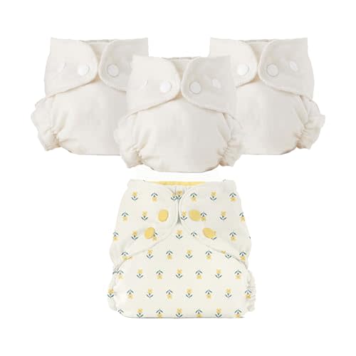 Esembly Cloth Diaper Bundle Set - 3 Organic Cotton Absorbent Inners and 1 Waterproof Outer Diaper Cover - Reusable, Washable, Snap Closure Cloth Diapers - Size 1 (7-17lbs), Buds