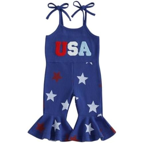4th Fourth Of July Toddler Girl Outfit USA Romper Spaghetti Strap Bell Bottoms Jumpsuit Red White And Blue Outfits