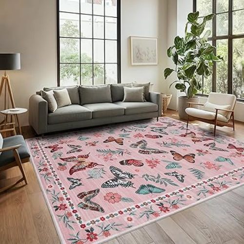 9x12 Area Rugs for Living Room Insect Print Washable Rugs 9x12 Boho Bedroom Rugs Low Pile Lightweight Large Carpet Rug for Dining Room Office Playroom Nursery Office Pink