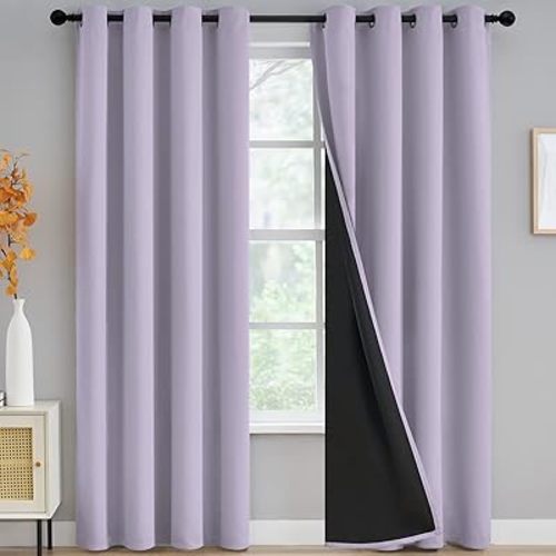 100% Blackout Window Curtain Panels for Bedroom, Heat and Full Light Blocking Drapes with Black Liner for Nursery, Thermal Insulated Solid Grommet Panels for Living Room, 52Wx84L, Lilac, 2 Panels
