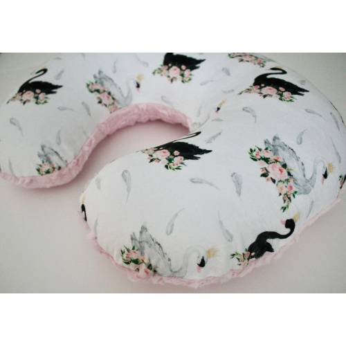 NURSING PILLOW Cover, Black White Swans and Floral Minky, Baby Pink Lattice Embossed Backing Pillow COVER, Baby Shower, Feeding, C Pillow