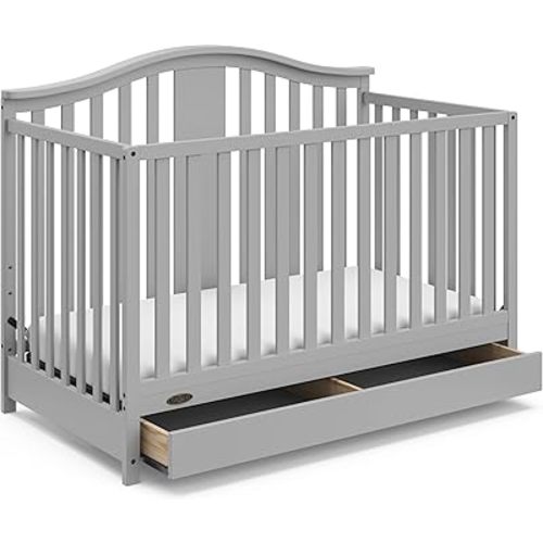 Graco Solano 4-in-1 Convertible Crib with Drawer (Pebble Gray) – GREENGUARD Gold Certified, Includes Full-Size Nursery Storage Drawer