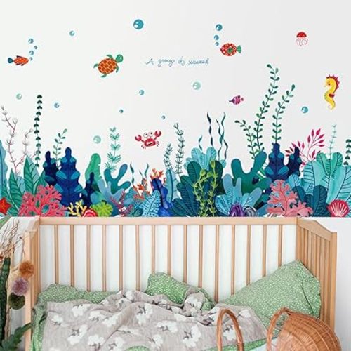 Amaonm Creative Cartoon Removable 3D Under The Sea World Nature Scenery Wall Stickers Ocean Grass Colorful Seaweed Baseboard Wall Decal for Wall Corner Nursery Room Bathroom Living Room (Seaweed)