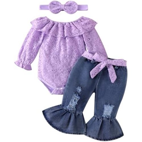 Baby Girl Clothes Lace Off Shoulder Romper Flare Jeans Pants Headband and Belt 4pcs Outfit 3-24 Months