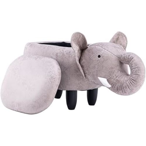 Pemberly Row Elephant Fabric Storage Ottoman/Stool, Gray/Black Finish, 15.75"H x 14.17"W x 28.74"D, Upholstered Kids Room Seating with Storage, Cute Animal Theme, Easy Assembly for Bedroom or Playroom