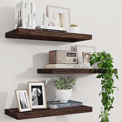 Marsmiles Floating Shelves, 17 Inch Wall Shelf Set of 3, Rustic Wood Shelves for Wall Storage, Wall Mounted Wooden Display Shelf for Bathroom Bedroom Kitchen Garage, Rustic Brown