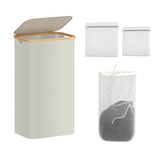 100L Laundry Hamper with Lid,Collapsible Laundry Basket, Dirty Clothes Basket, Storage Case with Bamboo Support - Handles - Removable Inner Bag - 2x Washing Mesh Bags for Bedroom Dorm Bathroom (Beige)
