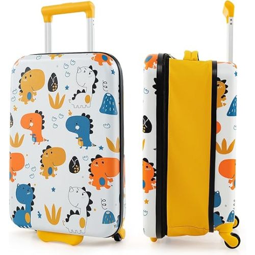 Goplus Kids Luggage, 20” Foldable Expandable Carry-on Suitcase with Rolling Wheels, Lightweight Airline-Approved Travel Trolley Luggage for Boys Girls Children Toddlers Gifts (Yellow, Dinosaur)