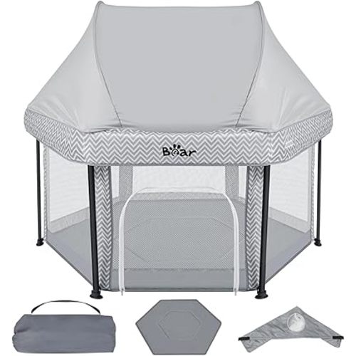 Bear Baby Playpen, Outdoor Play Yard Foldable Playpen with Canopy Mat for Babies Toddlers, Portable Indoor Kids Activity Fence Pack and Play