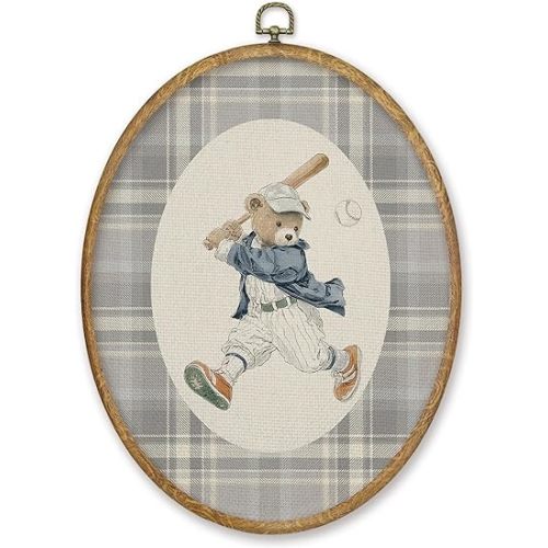 CGBHW Vintage Baseball Bear Nursery Oval Wall Art Decor Products, Baseball Bear Canvas Prints Framed, Neutral Gingham Sports Wall Art Hanging Decor for Home Kids Boy Nursery Room Bedroom Playroom, 8.6x11.4 Inch