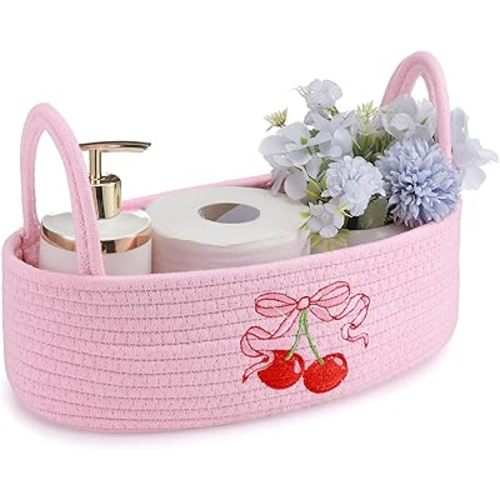 Vesici Cherries Toilet Paper Basket Boho Woven Cotton Rope Bathroom Countertop Organizer with Handle Pink Bow Cherry Bathroom Storage Decor for Toilet Closet Bedroom Nursery, 13 x 6 x 4 Inch