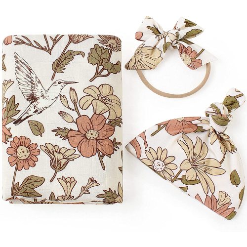 Regraze Girls 47" x 47" Beige Floral Muslin Cotton Baby Swaddle Blanket with Matching Hat and Bow