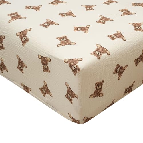 Ali+Oli Teddy Bear Print Muslin Fitted Crib Sheet, Soft Breathable Cotton, 52 x 28 inches, Cream and Brown