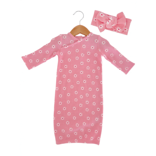 Organic Waffle Gown & Bow Set, Pink Flower