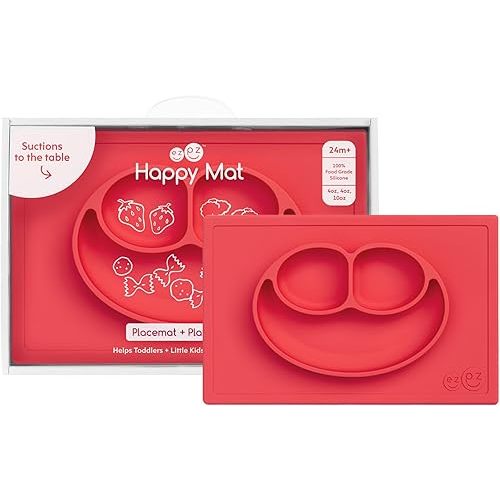 ezpz Happy Mat - 24 Months+ (Coral) - 100% Silicone Suction Plate with Built-in Placemat for Toddlers + Preschoolers - Divided Toddler Plates - Toddler Essentials…