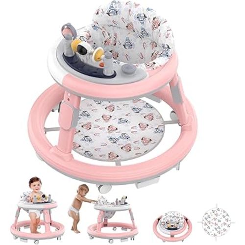 Baby Walker Foldable, Baby Walker with Wheels, Infant Toddler Walker with Foot Pads, Anti-Fall Baby Walkers and Activity Center for Boys Girls Babies 6-24 Months with Music Adjustable Heights (Pink)