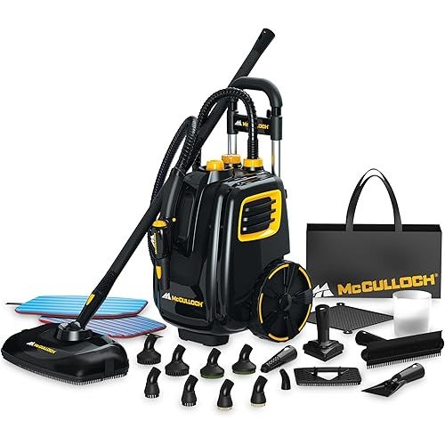 McCulloch MC1385 Deluxe Canister Steam Cleaner, 2-Hour Runtime, Chemical-Free, 23 Accessories: Mop Head, Brushes & More - Built for Home, Tile, Carpet, Furniture, & Personal Car Detailing
