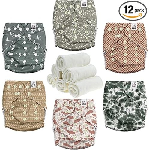 Mama Koala 3.0 Pocket Cloth Diapers for Babies with Suede Cloth Lining, 6 Pack with 6 4-Layer Natural Cloth Diaper Inserts - Reusable and Washable Pocket Diapers (S-Calm Spring)