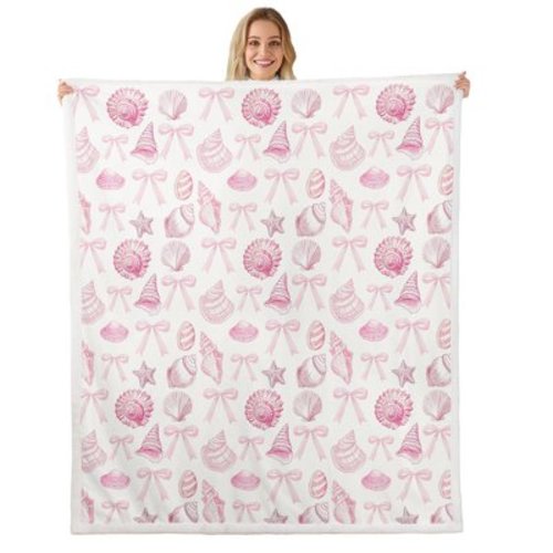 Erosebridal Dreamy Pink Bow Fleece Blanket, Sea Conch Seashell Plush Throw Blanket 30x40 , Lightweight Warm