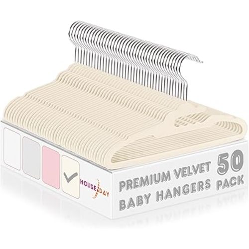 HOUSE DAY Premium Baby Velvet Hangers 50 Pack for Kids, Non Slip Baby Clothes Hangers for Closet, 11 Inch Children's Hanger Space Saving on Baby Organization, Ivory