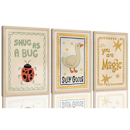 SongZest OAK Wood Framed Wall Art Funny Nursery Canvas Wall Art Cute Animal Pictures Wall Decor Set of 3 Whimsical Silly Goose Paintings Artwork for Kids Bedroom Bathroom Playroom 12x16in