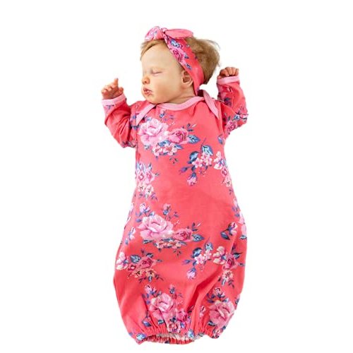 Baby Be Mine Newborn Gown and Hat Set Layette Romper Coming Home Outfit (Newborn, Rose)