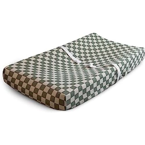 mushie Extra Soft Muslin Fitted Changing Pad Cover (Olive Check)