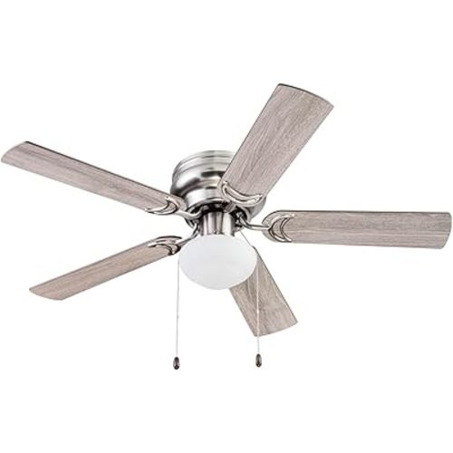 Prominence Home Alvina Traditional 44 Inch Ceiling Fan with Light, LED Flush Mount Ceiling Fan, Indoor Fan with 5 Blades, Gray Oak and Brown Walnut Blade Finish Options, Satin Nickel (51585-01)