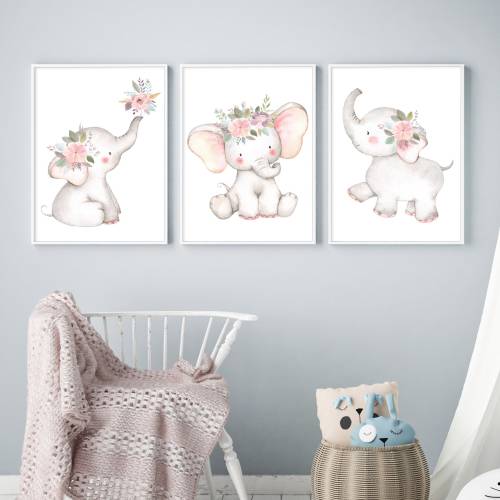 Cute Girls Watercolour Elephant Trio Nursery Print Set, Nursery Art, Baby Room Wall Art, Nursery Decor, Girls Room
