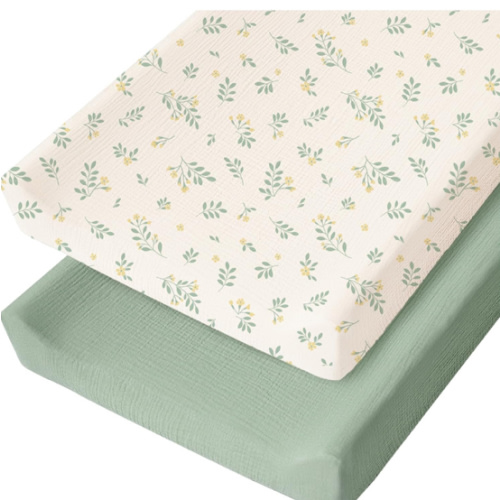 Konssy Muslin Changing Pad Cover for Baby Girls Boys, 100% Cotton Fitted Diaper Chang Table Covers, Soft Breathable Changing Pad Sheets, 2 Pack (Leafy,Green)