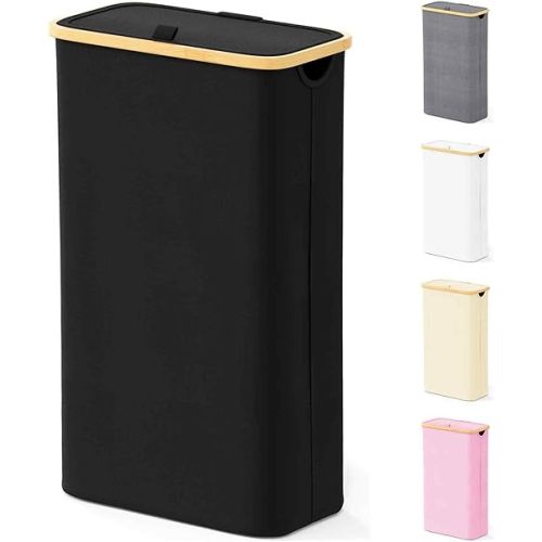 SpaceAid Slim Laundry Hamper with Lid, 65L Narrow Clothes Basket Bin with Bamboo Handles, Skinny Tall Collapsible Hamper for Bedroom, Bathroom, Dorm, Laundry Room - Black