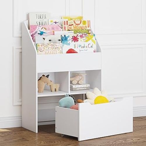 UTEX Bookshelf for Kids, Wooden Book Display, Kids Bookshelf and Toy Storage, Children Book Rack Bookcase Toybox Combo for Bedroom & Nursery, White