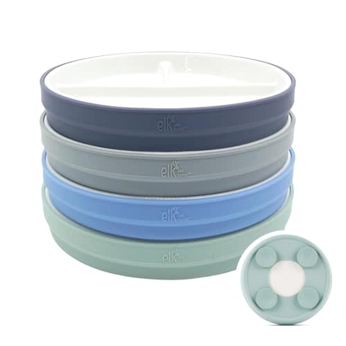 Elk and Friends Kids 7.8” Porcelain Divided Plates with Silicone Suction Sleeves | Suitable for Kids/Toddlers | Microwave & Dishwasher Safe | Non Slip | Snack Dishes