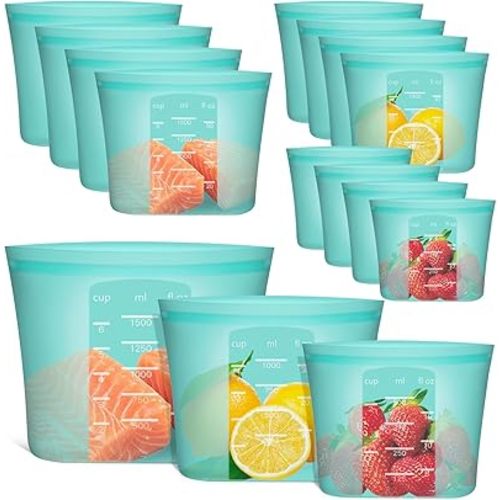Reusable Food Bags, 12 Pack 100% Silicone Food Storage Bags Stand Up Zip Lock Container, Freezer Microwave Oven Dishwasher Safe, 4 Large 4 Medium 4 Small, Aqua
