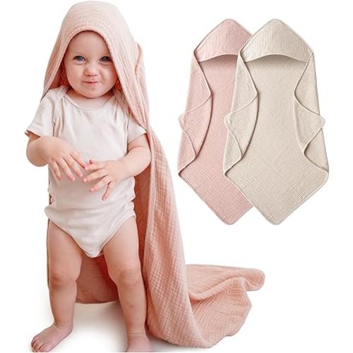 Muslin Baby Towels with Hood for Newborn 100% Cotton Baby Bath Towels Soft & Absorbent Hooded Baby Towel for Boys and Girls, Large Size - 32 * 32 Inches (Ivory & Pink)