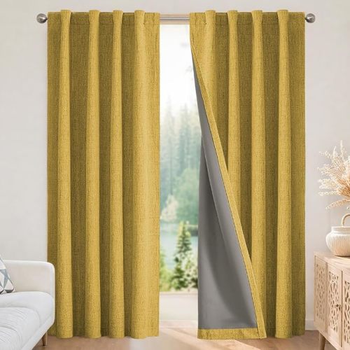 Joydeco Blackout Curtains for Bedroom - Nature Linen 84 Inch Long 100% Light Blocking 2 Panels Set, Rod Pocket & Back Tabs Living Room Drapes, Thermal Insulated Room Darkening Window Curtains