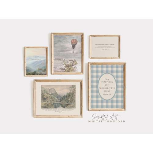 Boys Nursery Decor Set of 5 Christian Wall Art Boys Room Vintage Bible Prints, Young Man Cave, Psalm 139, Joshua 1:9 Digital Download