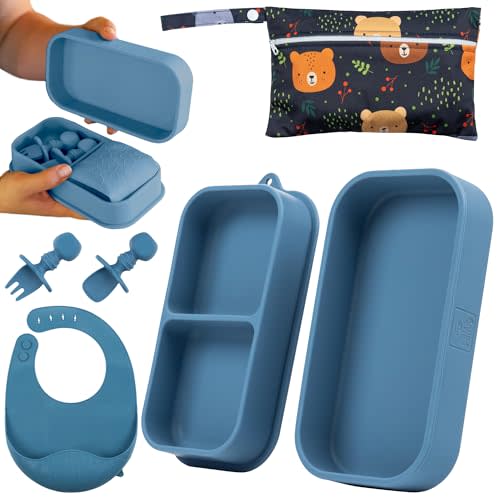 Travel Silicone Baby Feeding Essentials – Portable Toddler Plates with Suction, Soft Baby Spoon & Fork, Lightweight Foldable Silicone Bib & Waterproof Storage Bag – 6 Piece Set (dark blue)