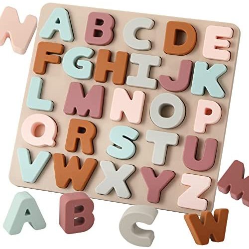 TOYHDAYO Silicone Alphabet Puzzle for 1-3 Years Old, Alphabet Toys with Puzzle Board & Letter Blocks ABC Letter Puzzles, Educational Learning Toys for Toddlers, Best Preschool Education Gift