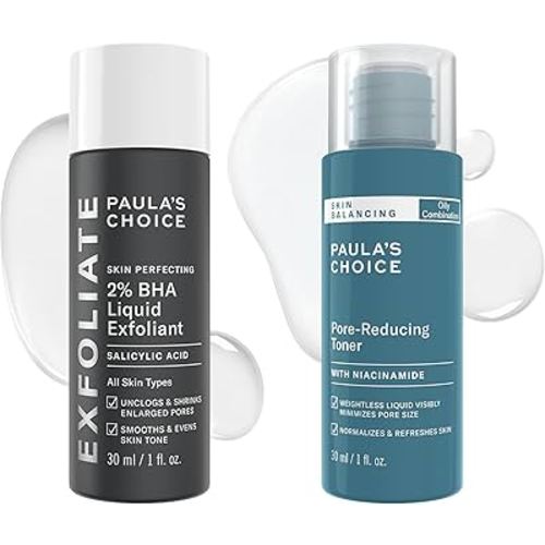 Paula's Choice SKIN PERFECTING 2% BHA Liquid Exfoliant, Salicylic Acid Facial Exfoliator for Enlarged Pores, Travel Size 1oz & Skin Balancing Pore Reducing Face Toner with Niacinamide, 1oz