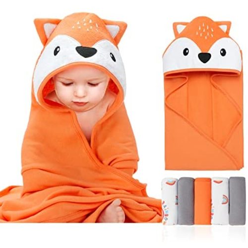 SYNPOS Baby Bath Towels, Newborn Hooded Baby Towel with 5 Baby Washcloths - Ultra Absorbent and Soft Cotton Hooded Bath Towel for Babie, Toddler, Infant - Unisex Hooded Baby Bath Towel
