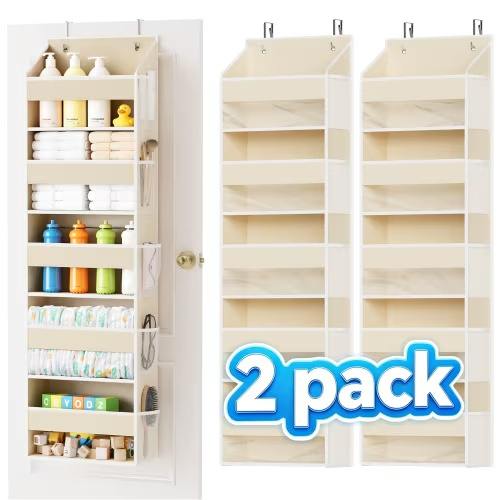 Tooloton Extra Large Over The Door Organizer, Beige – 5 Layers Hanging Door Storage with 10 Large Clear Pockets and 10 Mesh Side Pockets for Bedroom, Bathroom, Pantry, Nursery